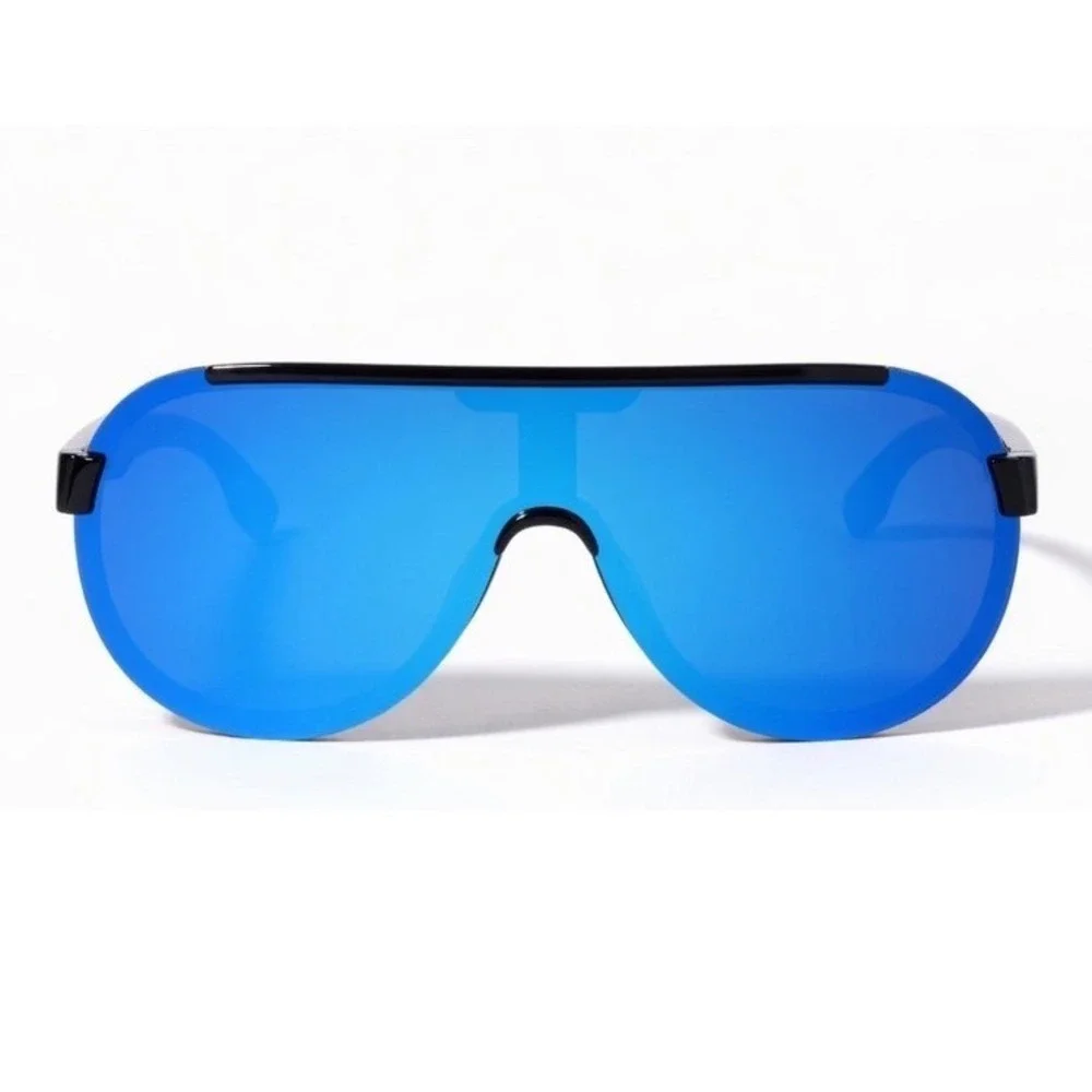 Men Sporty Blue Mirrored Lens Sunglasses Sleek Black Frame Outdoor Activities‎